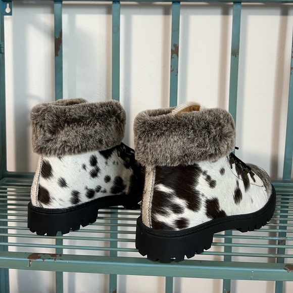 Genuine Cowhide & Leather Bootie Fur combat ankle boot chocolate brown sz 7 new - Picture 6 of 8